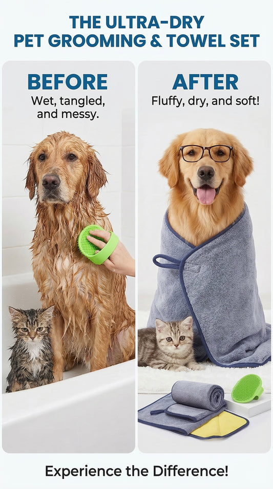 3-in-1 Microfiber Pet Towel & Bath Brush – Super Absorbent, Ultra Soft for Cats & Dogs