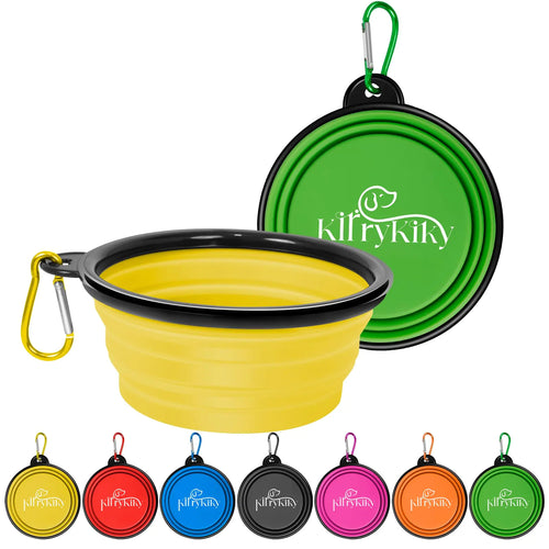 Collapsible Dog Bowls 2 Pack Portable Dog Water Bowl for Cats Dogs Foldable Pet Feeding Watering Dish for Traveling Camping Walking with 2 Carabiners Food Grade Silicone BPA Free(Yellow+Green S)